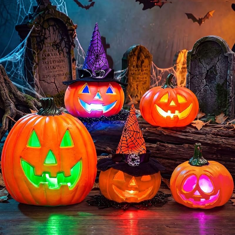 JOYIN 5 Pcs Light Up Halloween Pumpkin Decor Jack O Lantern Decorations Outdoor Indoor, Halloween Props Plastic