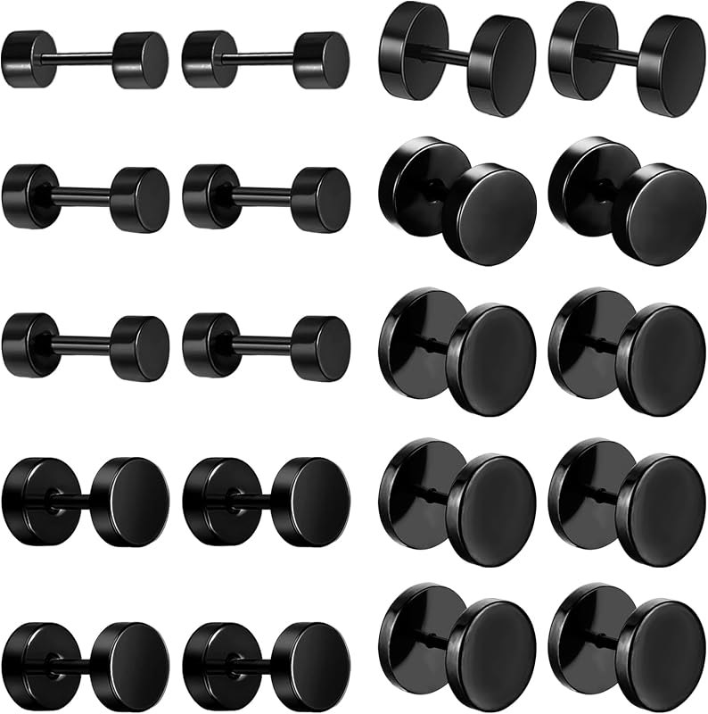 10 Pairs Black Stud Earrings for Men Women Flat Back Fake Ear Gauge — screw back stud earrings for screw back stud