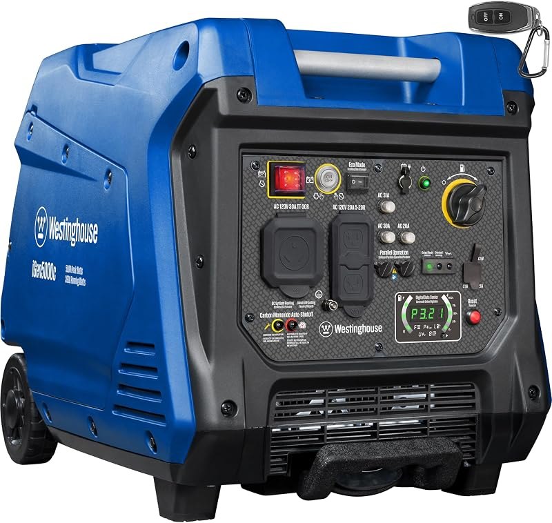 Westinghouse 5000 Peak Watt Super Quiet Portable Inverter Generator, Remote Electric Start with Auto Choke, RV Ready