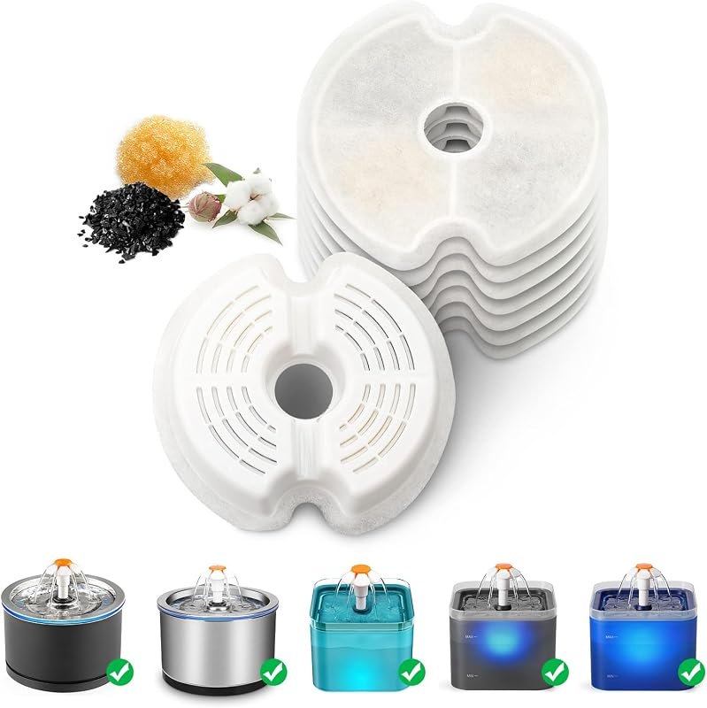 Cat Water Fountain Filters, 8 Packs Replacement Carbon Filters for Automatic Pet Fountain, Stainless Steel Cat Water
