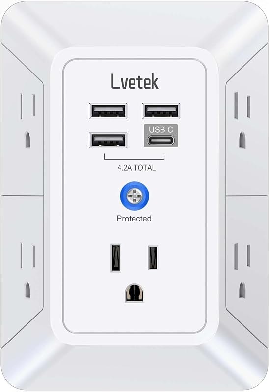 5 Outlet Extender Multi Plug Wall Outlets with 4 USB Charging Ports (1 USB C Outlet), 3 Sided 1680J Surge Protector