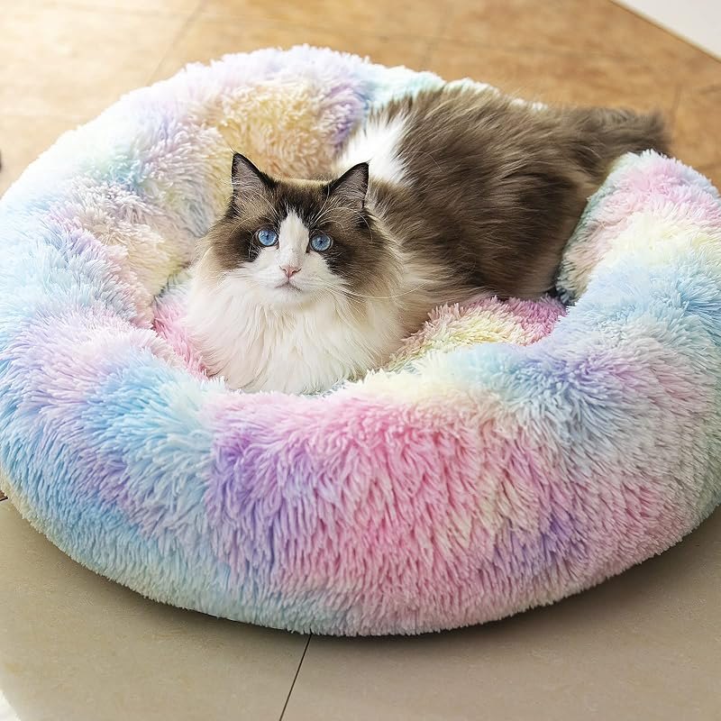 Anti Anxiety Round Fluffy Plush Faux Fur Warm Washable Dog Bed & Cat Bed, Original Bed for Small Medium Large