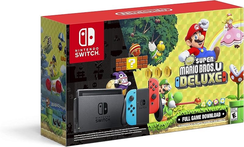 Nintendo Switch with Neon Blue and Neon Red Joy‑Con + New Super Mario Bros. U Deluxe (Full Game Download) - Switch