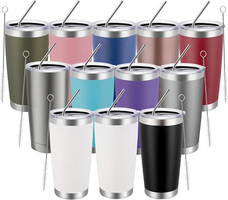 MEWAY 20oz Tumbler 12 Pack Double Wall Vacuum Insulated Travel Mug Bulk, Mix Color Stainless Steel Tumblers with Lid