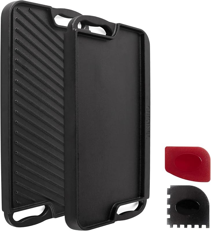 Cuisinel Cast Iron Griddle/Grill + Scraper/Cleaner - Reversible Pre-Seasoned 20" X 10"-inch Dual Handle Flat Skillet