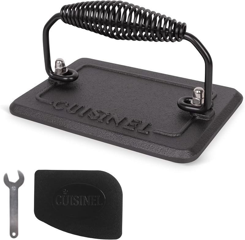 Cuisinel Grill Press - Cast Iron Burger Press for Bacon, Steak & Hamburgers - 6.75" x 4.5" Rectangular Pre-Seasoned