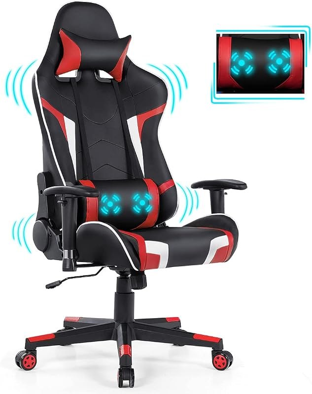 GYMAX Gaming Chair, Massage Gaming Chairs for Adults with Headrest, Lumbar Support & Armrest, Video Computer Reclining