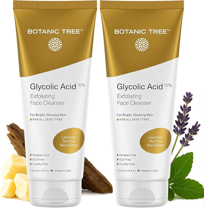 Botanic Tree Glycolic Acid Face Wash - Facial Cleanser For Skin Care, Treatment Scrub, 10% Glycolic and Salicylic Acid