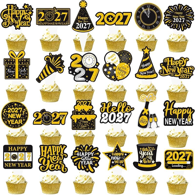 48pcs Happy New Year Cupcake Toppers Glitter 2027 New Year Cupcake Topper Dessert Picks Black Gold Hello 2027 Cheers