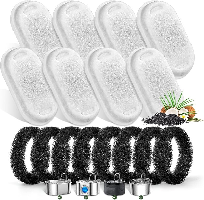 Cat Water Fountain Filters for Stainless Steel 67oz/2L Adjustable Water Flow Pet Fountain, 8 Pack Pet Replacement