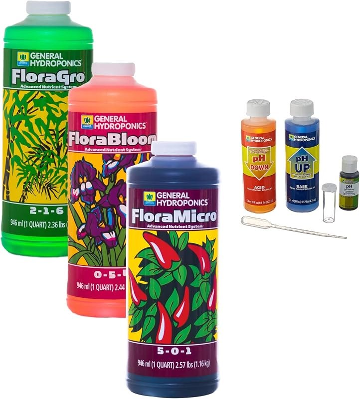 General Hydroponics Flora Series Fertilizer Bundle, with FloraMicro, FloraGro, FloraBloom and pH Control Kit —