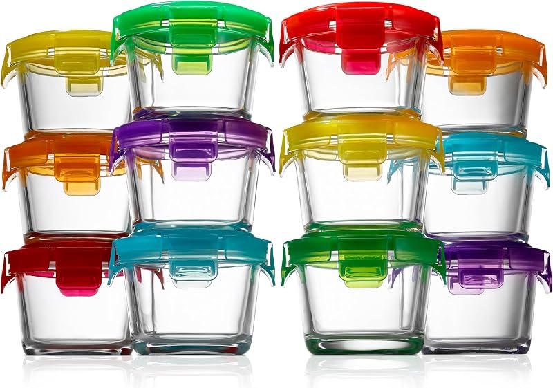 NutriChef 24-Piece (12 Glass Food Storage Containers and 12 Lids), 4.48oz Mini Stackable Meal Prep Round Containers -