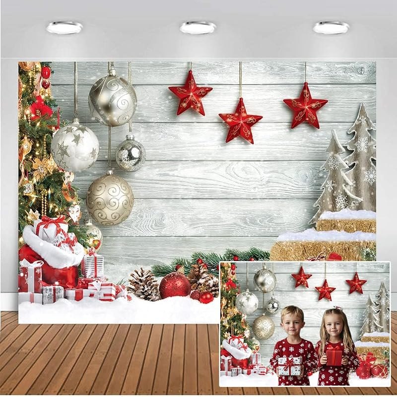 CHAIYA 7X5FT Christmas Backdrop White Wood Floor Photography Backdrop Winter Snow Christmas Balls Xmas Tree Gift