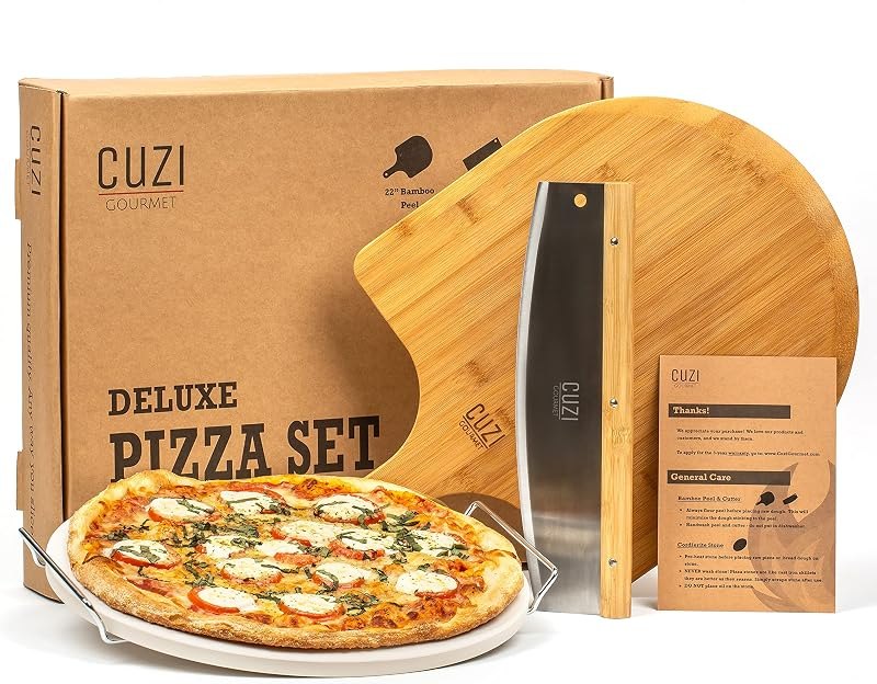 4-Piece Large Pizza Stone Set - 13" Thermal Shock Resistant Cordierite Pizza Stone with Handle Rack, 19" Natural