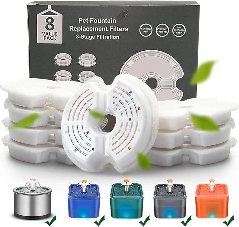 Cat Water Fountain Filter, Multiple Filtration Pet Water Fountain Replacement Filter,8 Packs of Cotton Activated