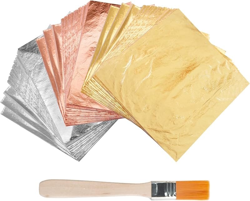 Gold Leaf Set,Imitation Golden Silver Rose Leaf,Foil Paper for Arts, Gilding Crafting, Decoration,Frames, Furniture