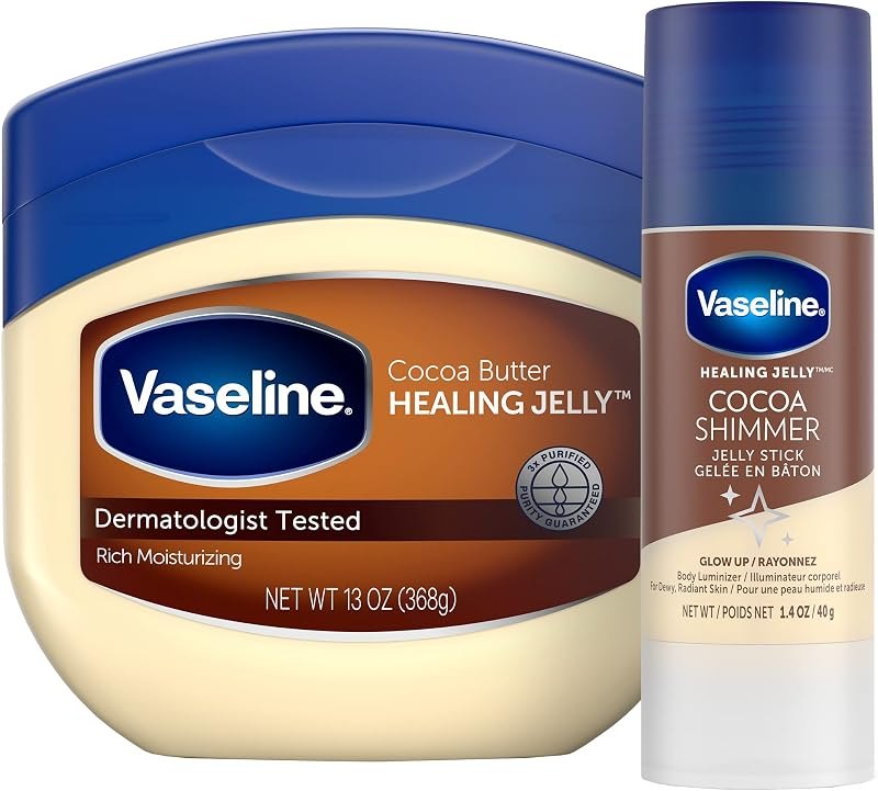 Vaseline Rich Moisturizing Healing Jelly Cocoa Butter, 13 oz Bundled with Cocoa Shimmer Stick, 1.4 oz. Provides