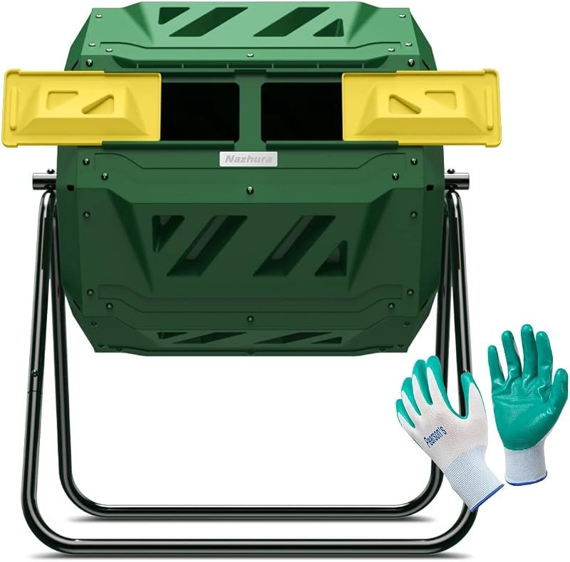 Compost Tumbler Bin Composter Dual Chamber 43 Gallon (Bundled with Pearson's Gardening Gloves) — compost bin with lid