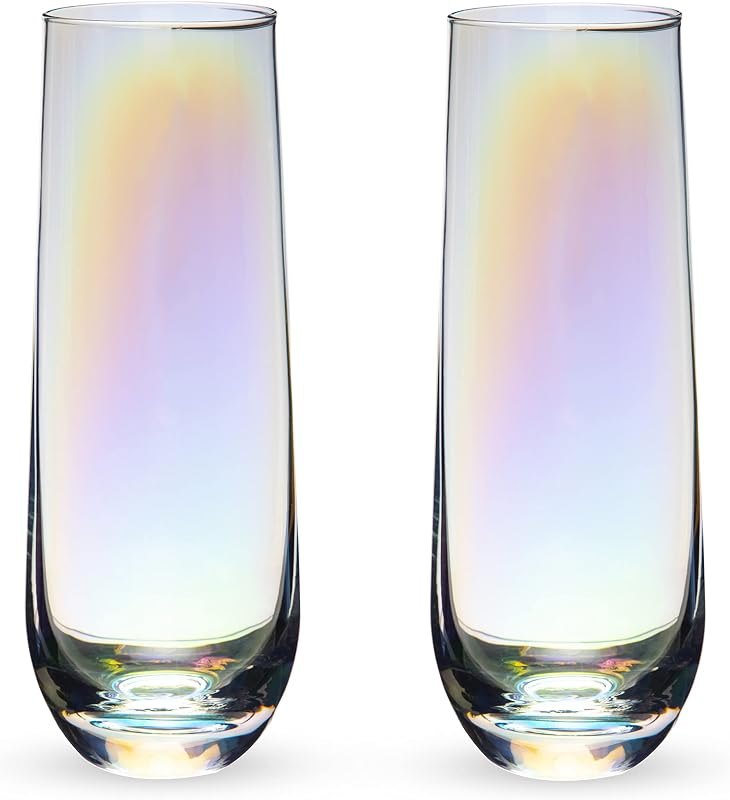 Twine Luster Stemless Champagne Flutes, Iridescent Rainbow Finish, Sparkling Wine Glasses for Prosecco, Sparkling