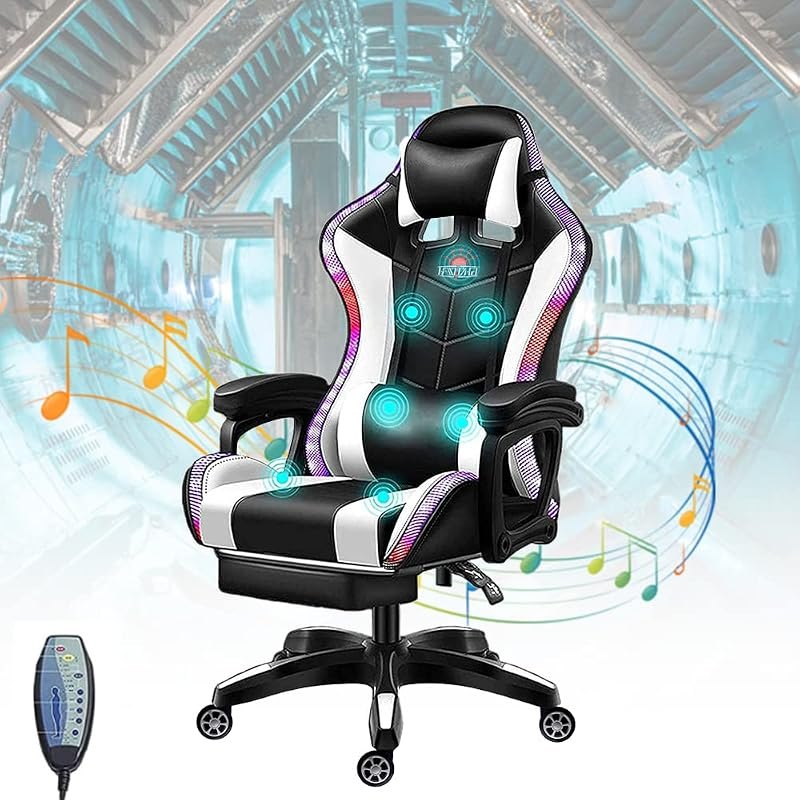 Full Massage Gaming Chairs with Footrest, LED Gamer Chair with Speakers and Lumbar Support, PU Leather Racing Swivel