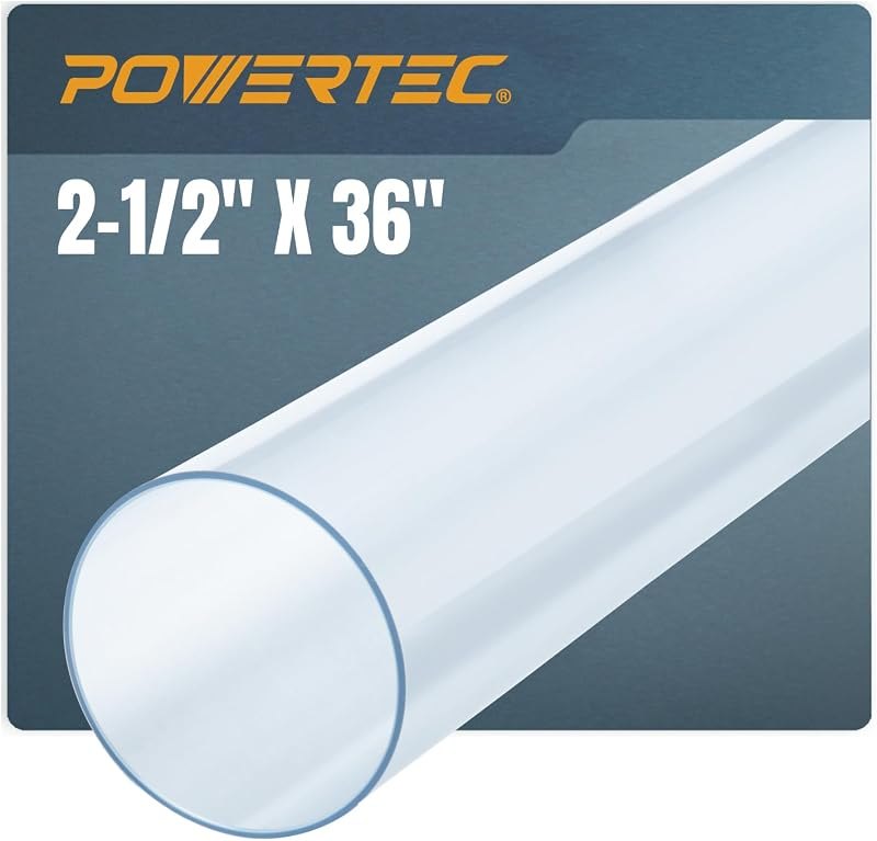 POWERTEC Clear PVC Pipe 2-1/2" x 36" Long, 1PK Rigid Plastic Tubing, Round Tube Compatible w/Dust Collection Fitting