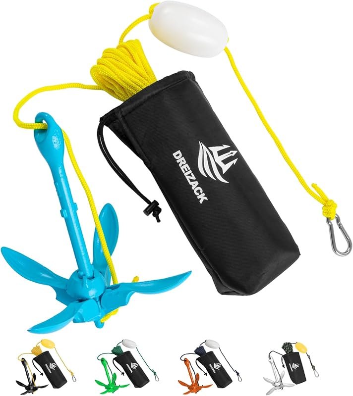 Dreizack Kayak Anchor Kit, 3.5 lb Folding Grapnel Boat Anchor Trolley Accessories with 40ft Rope and PVC Buoy for