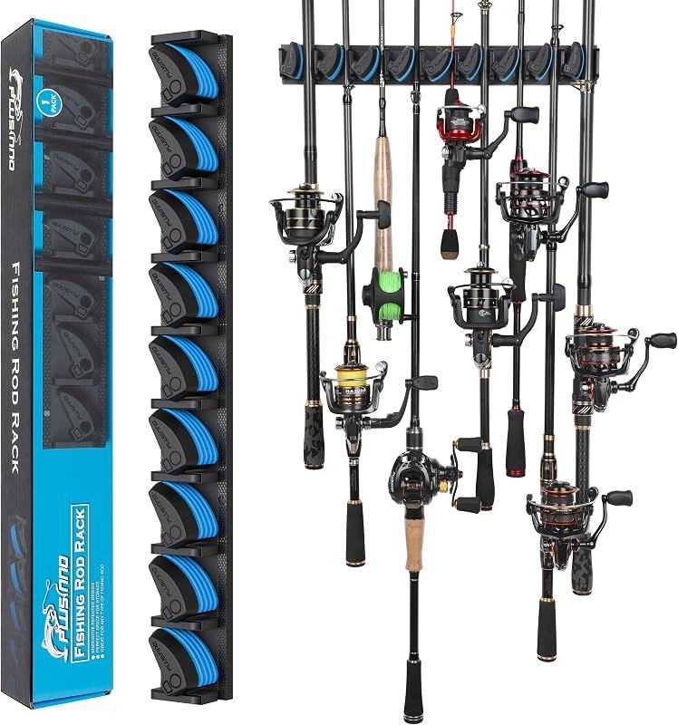 PLUSINNO V9 Vertical Fishing Rod Holder, Wall Mounted Fishing Rod Rack, Fishing Pole Holder Holds Up to 9 Rods or