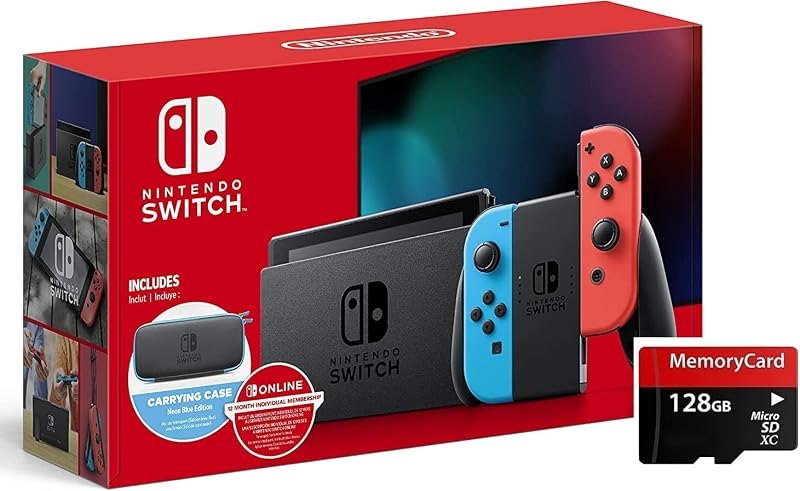 Nintendo Switch Console with Neon Blue and Neon Red Joy-Con Video Games Console, 6.2" Touchscreen LCD Display, WIFI —
