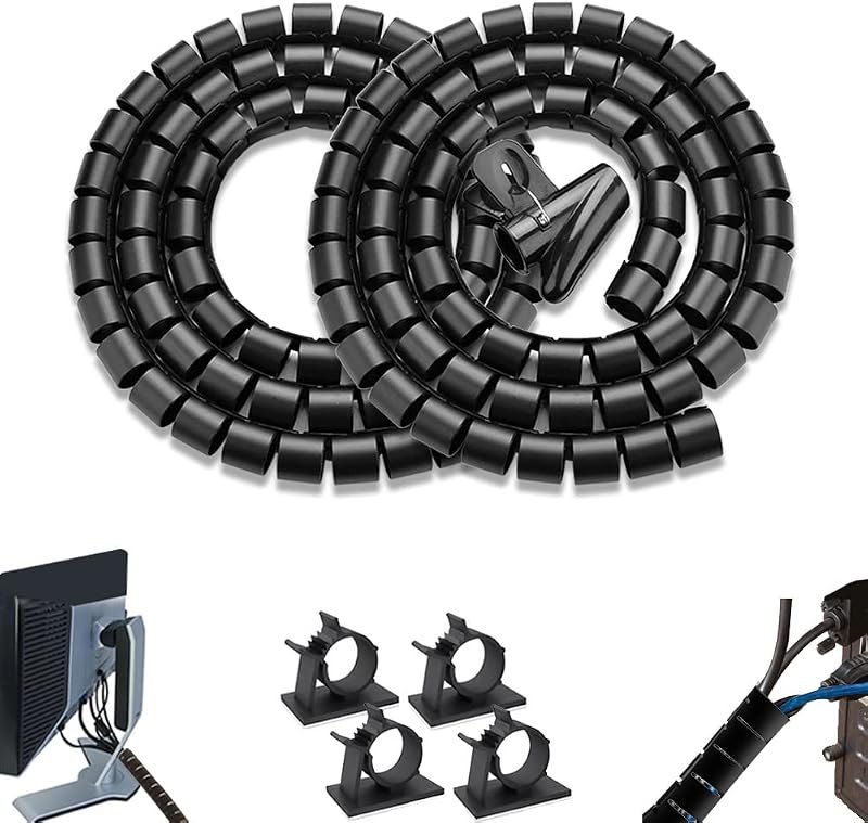 PC Cable Management Sleeve Tube Desk Cord Organizer 2 PCS Black, 7/8 inch -5 ft Cover Wrap Easy to Install Messy Wire