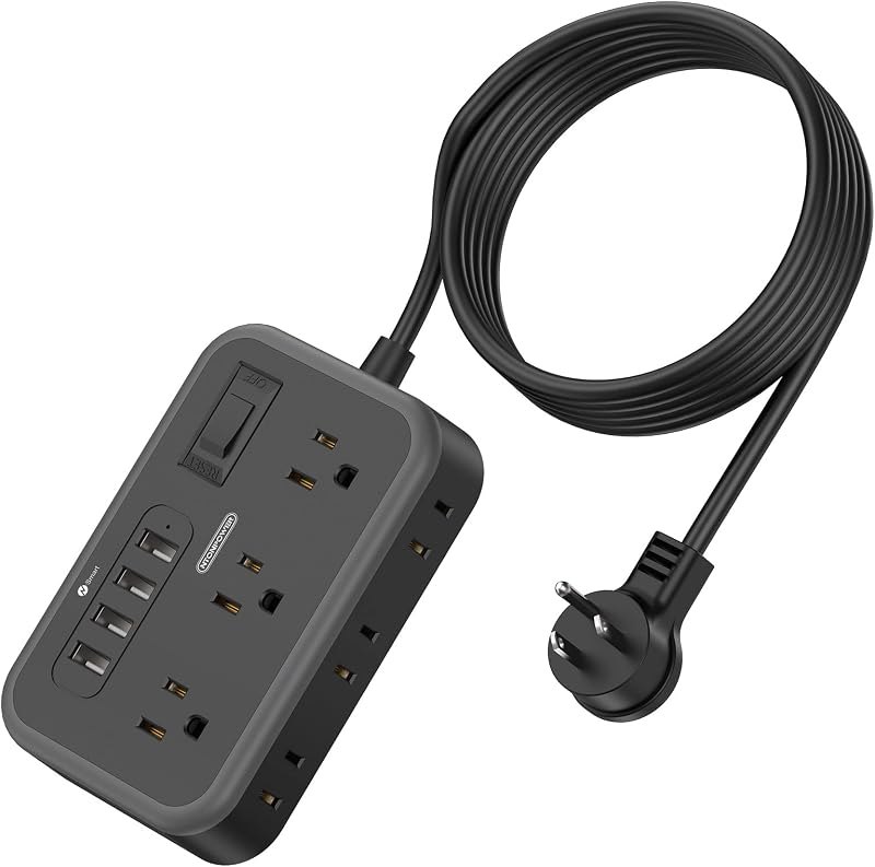 Flat Plug Extension Cord 10 Ft, NTONPOWER 6 Widely Spaced Outlet(2 Side) Power Strip with 4 USB Ports, Overload