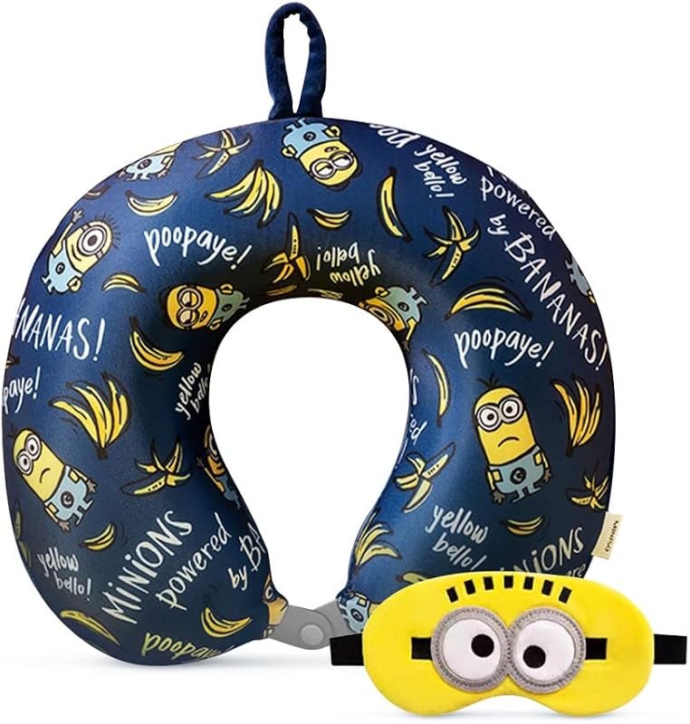 MINISO Minions Travel Neck Pillow with Eye Mask, Cute Cartoon 100% Memory Foam Neck Support Pillow, Lightweight