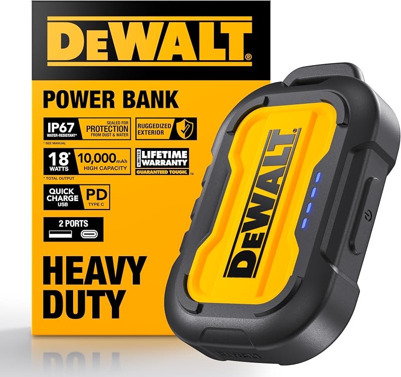 DEWALT Heavy Duty Portable Charger, Power Bank, Travel Worksite 10,000 mAh — best rugged outdoor power bank for rugged
