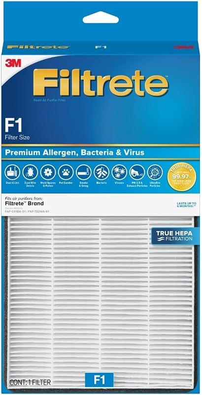 Filtrete F1 Room Air Purifier Filter, True HEPA Premium Allergen, Bacteria, & Virus, 12 in. x 6.75 in., 4-Pack, Works