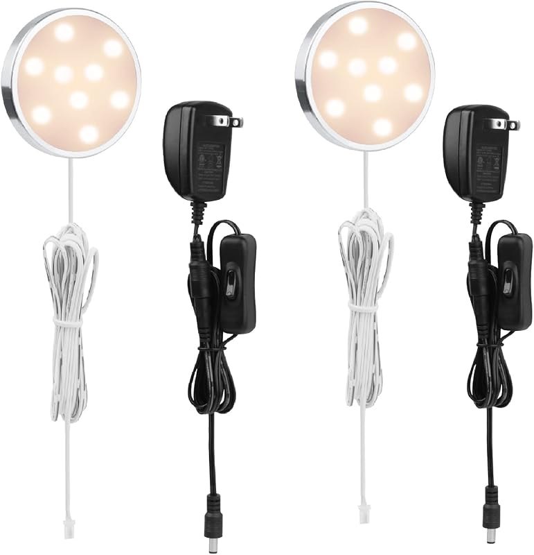 LABOREDUCER 12V Under Cabinet LED Puck Lighting Kit 2 Packs Slim Aluminum Puck Lights,Single Light Plug in Counter