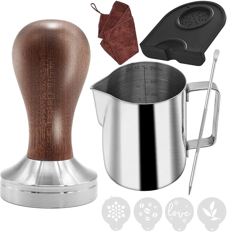 51mm Coffee Tamper Set Barista Kit for Portafilter Machine Wooden Espresso Tamper with Tamper Mat, Frothing Pitcher