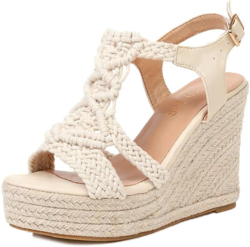 Women's Woven Espadrille Wedge Sandals Bohemian Braided Open Toe Summer Shoes with Adjustable Strap 3.9" Platform Heel