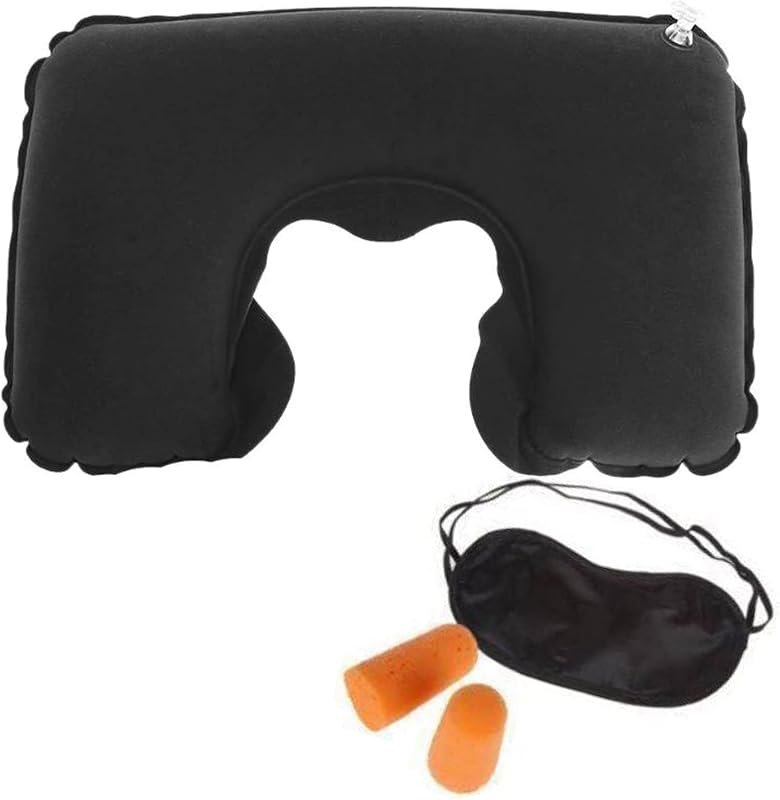 Zento Deals Inflatable Neck Pillow Eye Mask and Earplug Set for Travelling - Lightweight Portable Pillow Eye Mask and