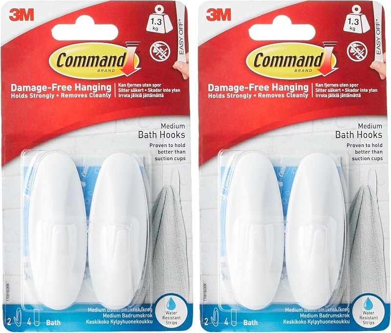 Medium Designer Bath Hooks, White, 2-Hooks, 4-Water-Resistant Strips, Organize Damage-Free (Pack of 2) — household