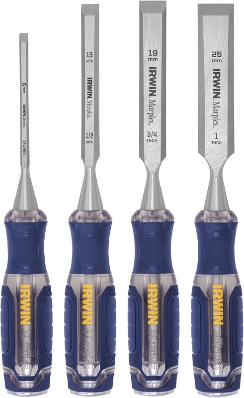 IRWIN Chisel Set, Woodworking, 4-Pack, Extra-Long Strike Cap, Strong & Durable Steel Core (IRHT82507) — wood chisel