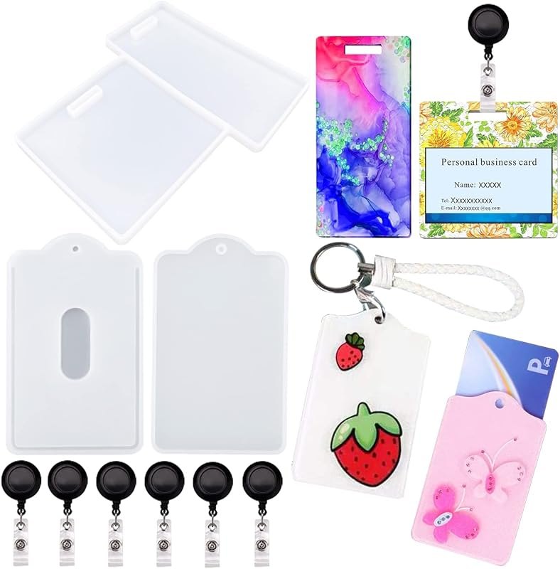 2 Set Resin Work Card Holder Silicone Mold with 6 Pieces ID Badge Reel Clip for Name Badge Buddy Tags ID Card Holder