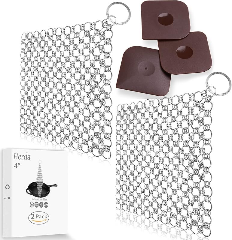 5pieces Cast Iron Clean Kit, 2Pack 316 Stainless Steel Scrubber to Clean Pan Pot+3pack Kitchen Scraper for Cleaning