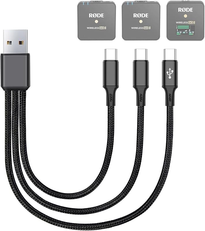 3-in-1 Charging Cable for Rode Wireless Pro, Go 2, Go 3 Microphones, 8-Inch