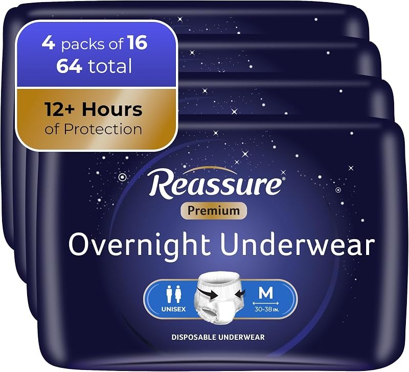 Reassure Premium Overnight Incontinence Underwear for Men and Women, Disposable Adult Diapers, Medium, 64 Pack — adult