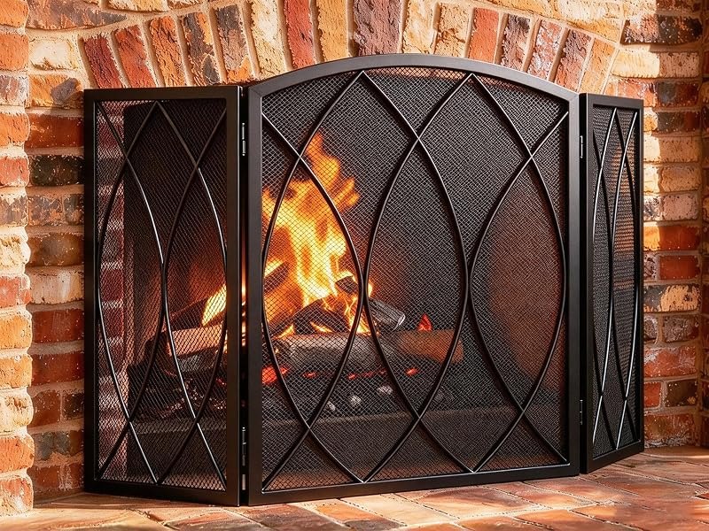3-Panel Fireplace Screen 48"W x 29.5"H Wrought Iron Spark Guard — magnetic feed gate for magnetic feed gate