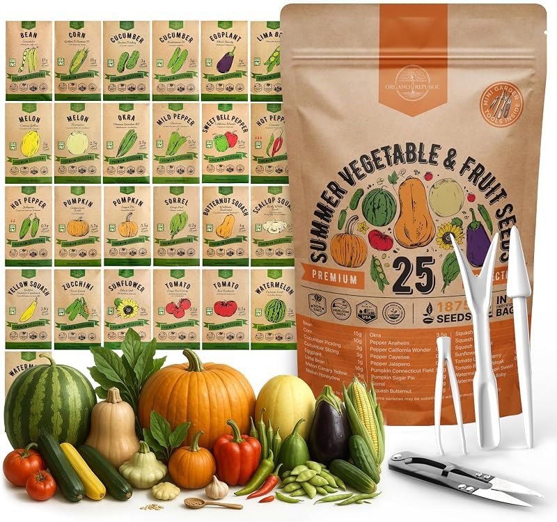 25 Summer Vegetable & Fruit Seeds Variety Pack - 1,870+ Non-GMO Heirloom Veggie & Fruits Seeds for Outdoors and Indoor
