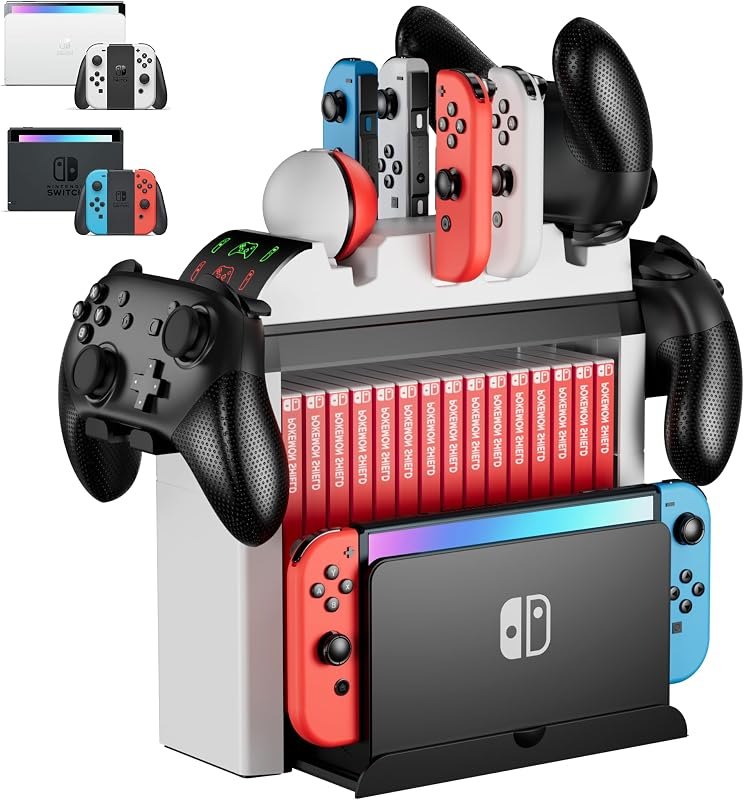 Switch Organizer with Controller Charging Station, ZAONOOL Charger Stand for Nintendo Switch/OLED Joycon and Pro