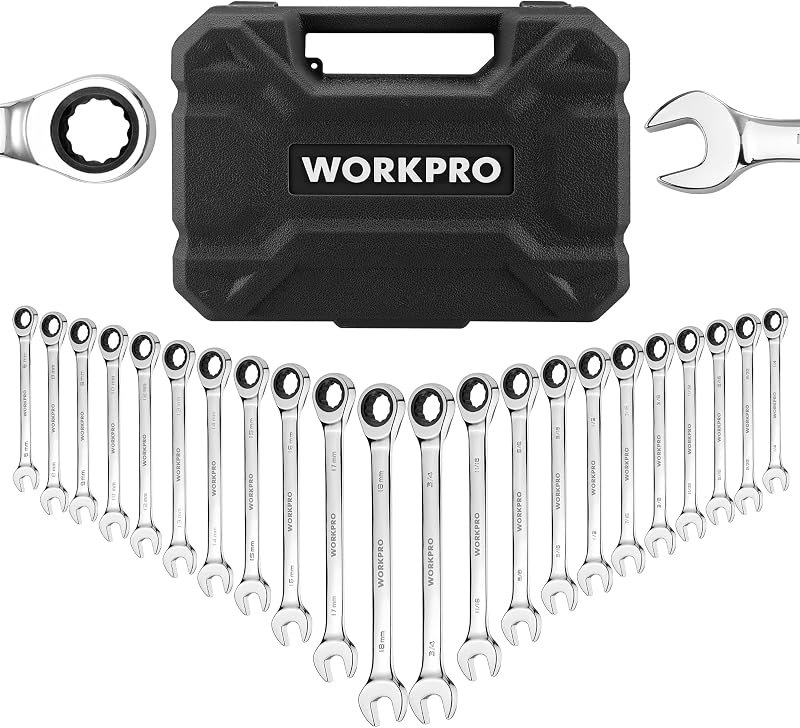 WORKPRO 22 PCS Ratchet Combination Wrench Set with Tool Box, Mirror Polish — ratchet wrench set for ratchet wrench set