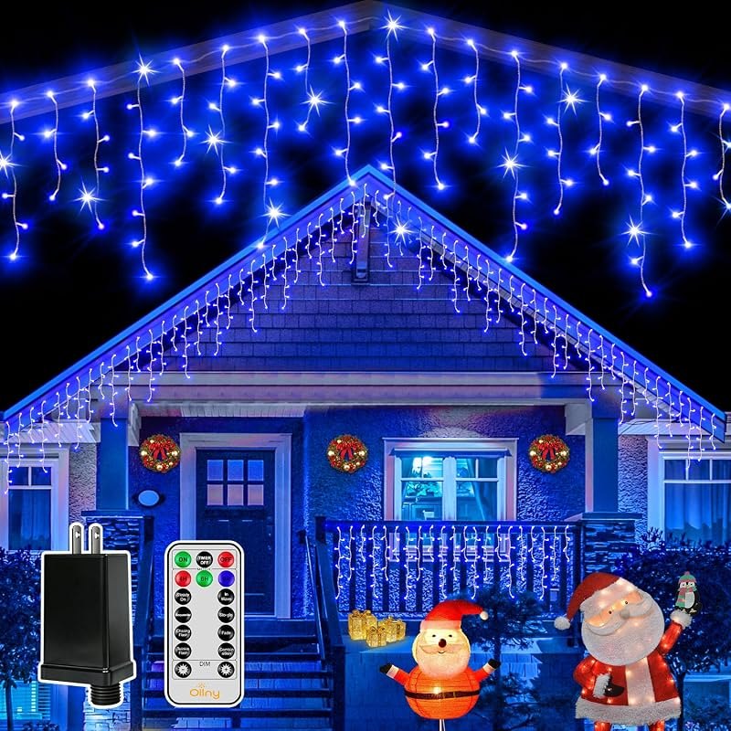 Ollny Icicle Lights for Outside 504LED 41FT, Blue Christmas Light with Remote 8Modes Timers Waterproof, Plug in