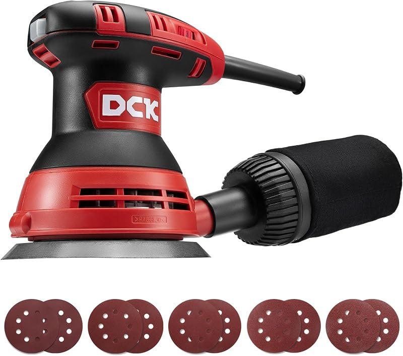 DCK Random Orbital Sander, 3.0 AMP Corded Palm Sander, 6 Speeds Max 12,000 OPM, 5-Inch with 10 pcs Sandpapers, Dust