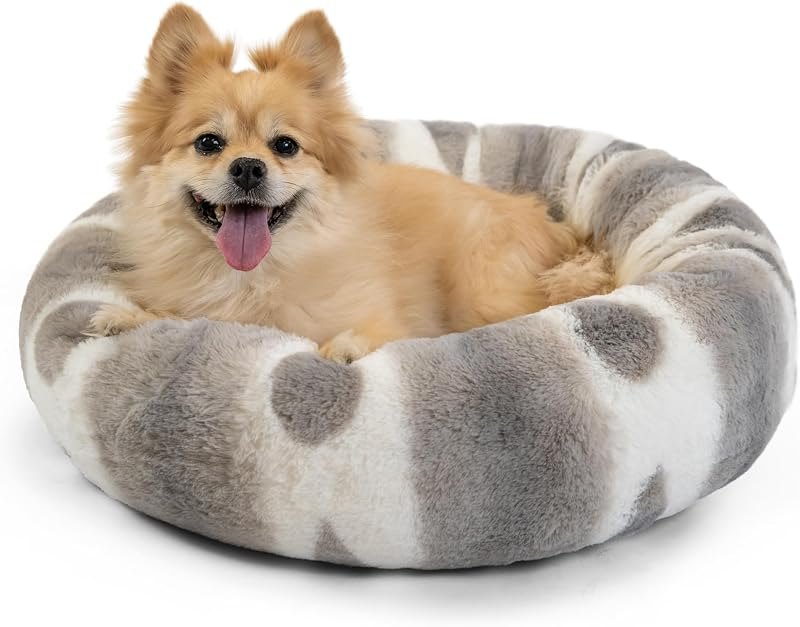 Best Friends by Sheri Patterned Lux Faux Fur Calming Donut Dog Bed, Gray, Small, 23x23 — dog calming donut bed for dog